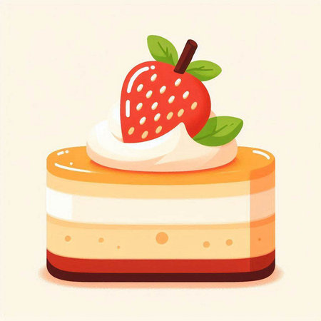 Vector illustration of a piece of cake with cream and strawberry on topのイラスト素材