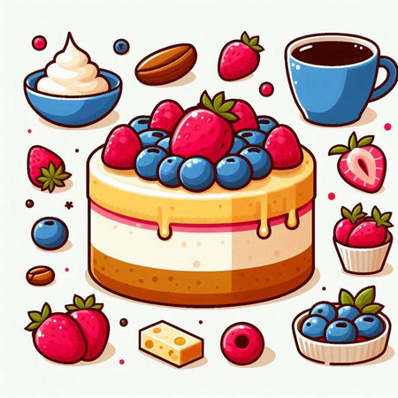 Vector illustration of a cake with berries, cup of coffee and creamのイラスト素材