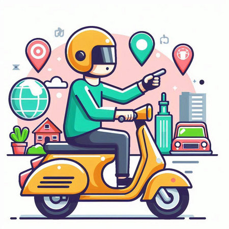 Vector illustration of a man riding a scooter in the city.のイラスト素材