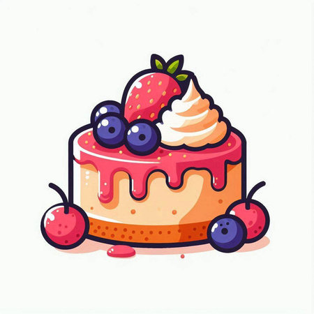 Cute cartoon cake with berries. Vector illustration isolated on white background.のイラスト素材