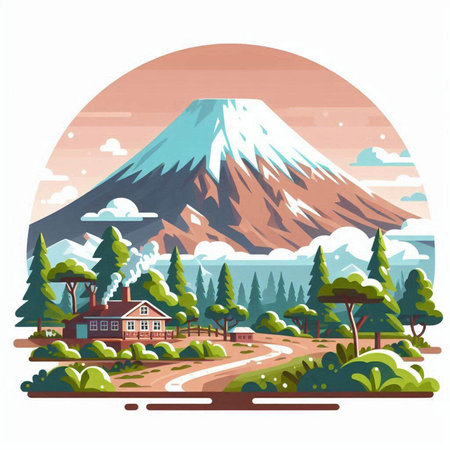 Mountain landscape in flat style. Landscape with forest, road and house. Vector illustration.のイラスト素材