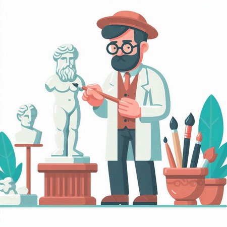 Flat design vector illustration concept of a man in a lab coat and glasses standing near the statue of David.のイラスト素材