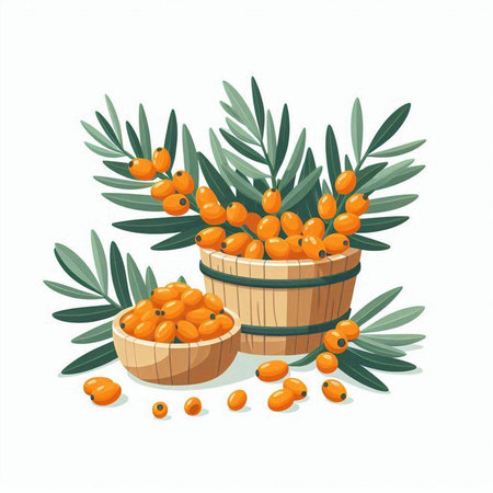 Sea buckthorn berries in a wooden barrel and leaves. Vector illustration.のイラスト素材