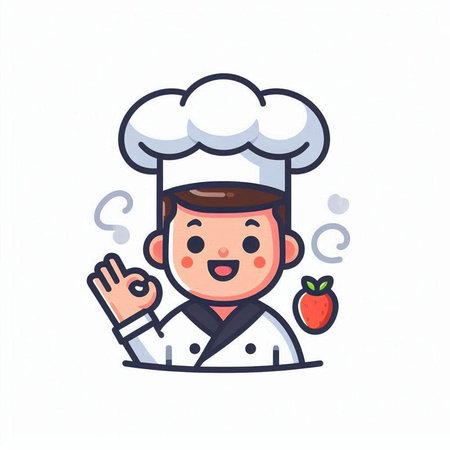 Chef with strawberry. Vector illustration in cartoon style on white background.のイラスト素材