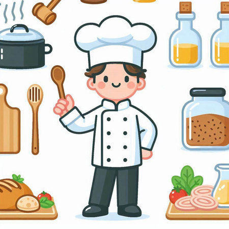 Illustration of a Cute Chef Cartoon Character with Different Kitchen Itemsのイラスト素材