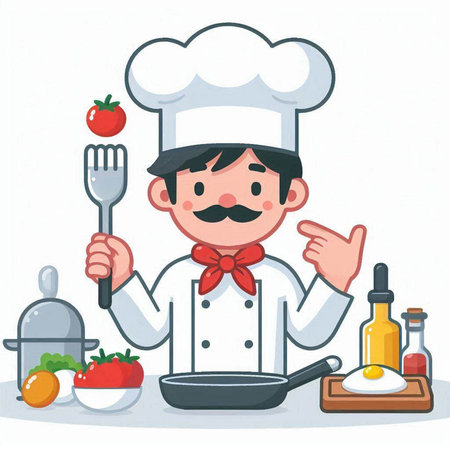Chef cooking in kitchen. Vector illustration of a cartoon character.のイラスト素材