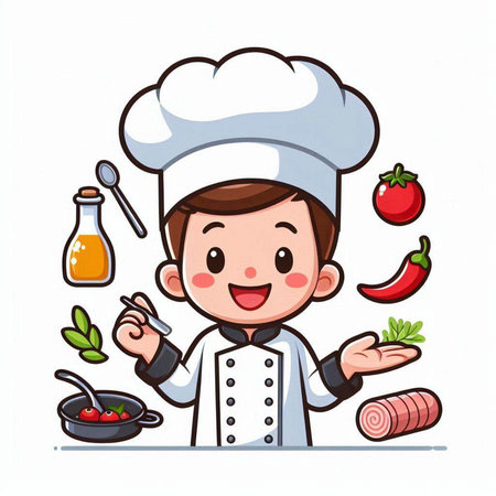 Cartoon chef with ingredients for cooking on white background. Vector illustration.のイラスト素材