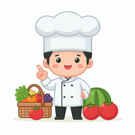 Chef holding fresh vegetables. Vector illustration in a flat style.のイラスト素材