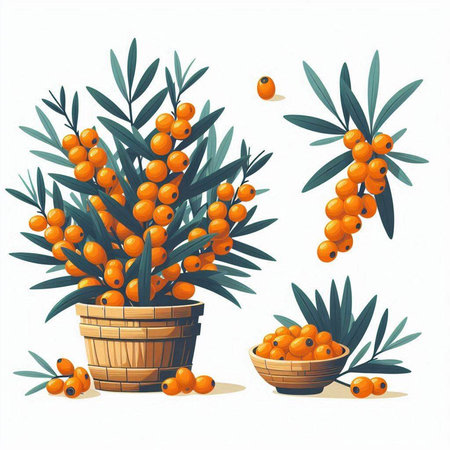 Sea buckthorn berries and leaves in a basket. Vector illustration.のイラスト素材