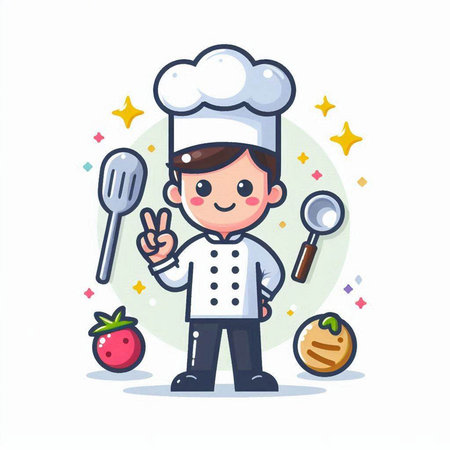 Cute cartoon chef boy holding spoon and fork. Vector illustration.のイラスト素材