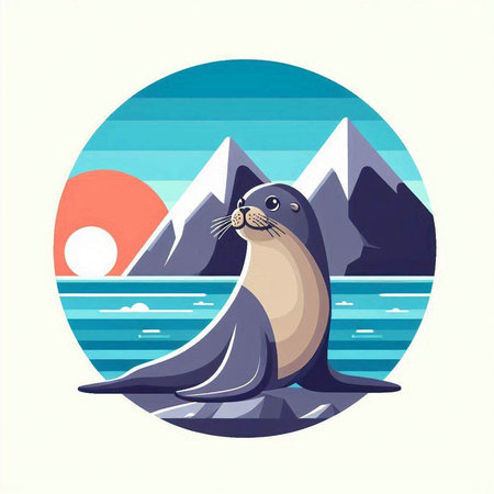Sea lion on the background of the sea and mountains. Vector illustration.のイラスト素材