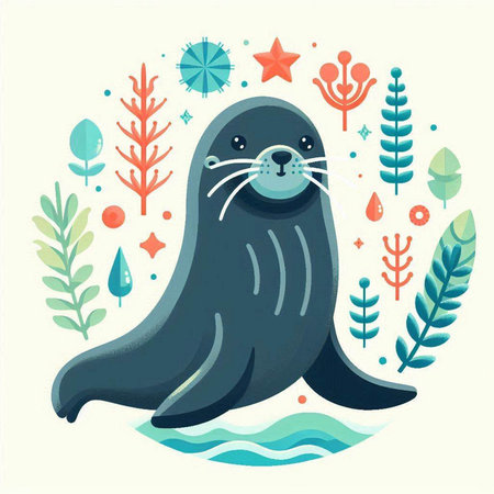 Cute seal in the sea. Vector illustration in a flat style.のイラスト素材