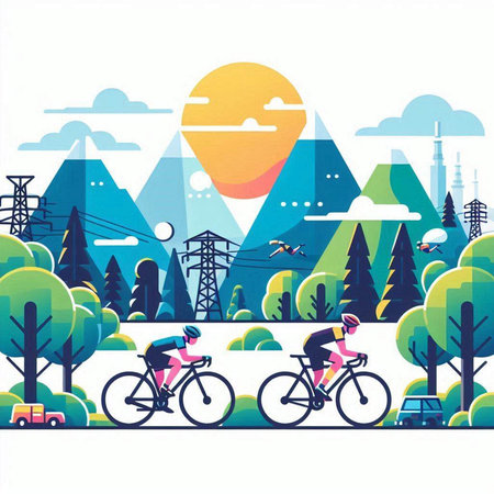 Bicyclists riding in the park. Flat style vector illustration.のイラスト素材