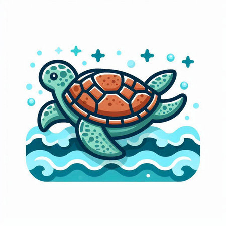 Sea turtle swimming in the waves. Vector illustration in cartoon style.のイラスト素材