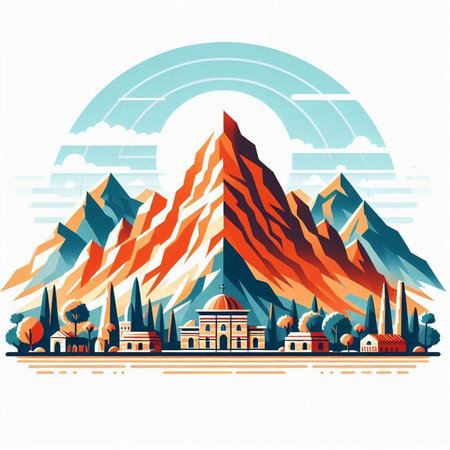 Landscape with mountains and city. Vector illustration in retro style.のイラスト素材