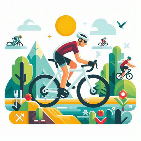 Cyclist riding on the road in the park. Flat vector illustration.のイラスト素材
