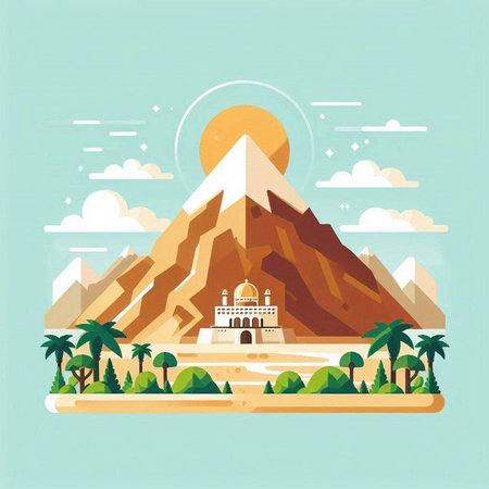 Egypt. Vector illustration in flat design style. Landscape with mountains, palms and mosque.のイラスト素材