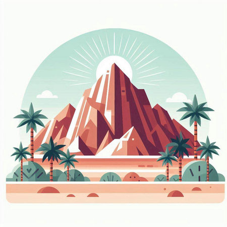 Egyptian pyramids and palm trees. Vector illustration in flat styleのイラスト素材