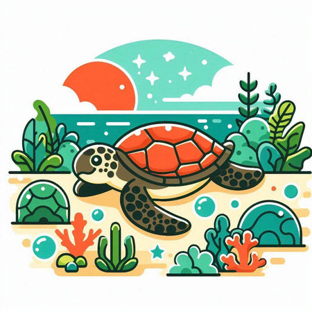 Cute cartoon turtle on the seashore. Vector illustration.のイラスト素材