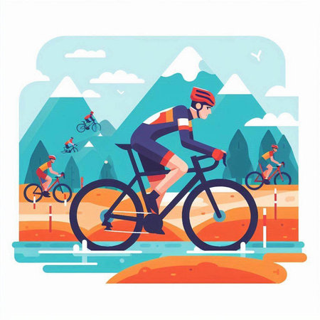 Cyclist riding mountain bike on road flat vector illustration. Sport and active lifestyle concept.のイラスト素材