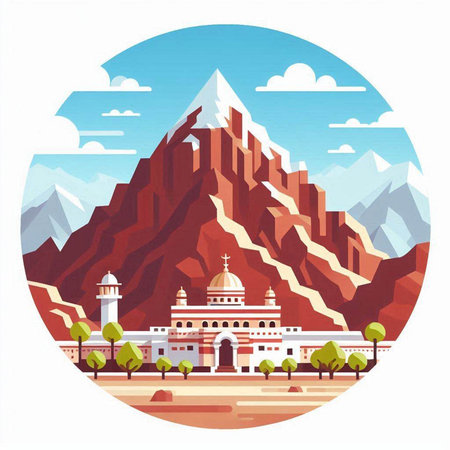 Buddhist temple in the mountains. Vector illustration in flat styleのイラスト素材