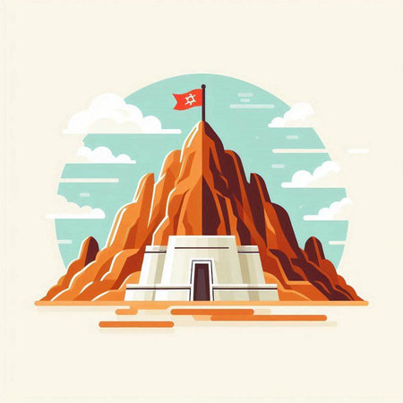 Vector illustration of a mountain with a red flag in the center.のイラスト素材