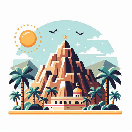 Egypt pyramids with palm trees and sun. Vector illustration in flat styleのイラスト素材