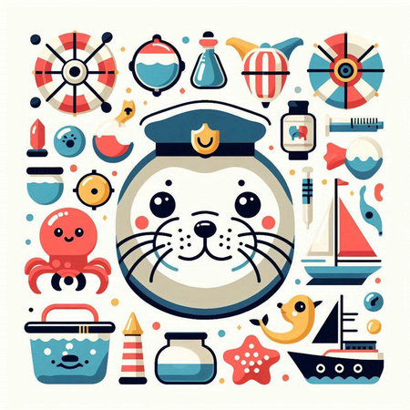 Cute seal with sea life icons. Vector illustration in flat styleのイラスト素材