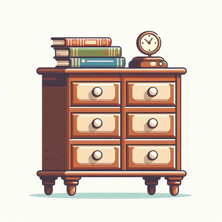 Vector illustration of a vintage chest of drawers with books and clock.のイラスト素材