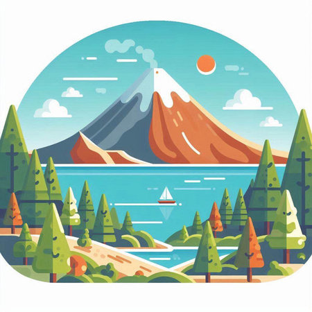 Landscape with mountain, lake and pine trees. Vector illustration.のイラスト素材