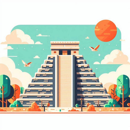 Vector illustration of Chichen Itza temple in Yucatan, Mexicoのイラスト素材