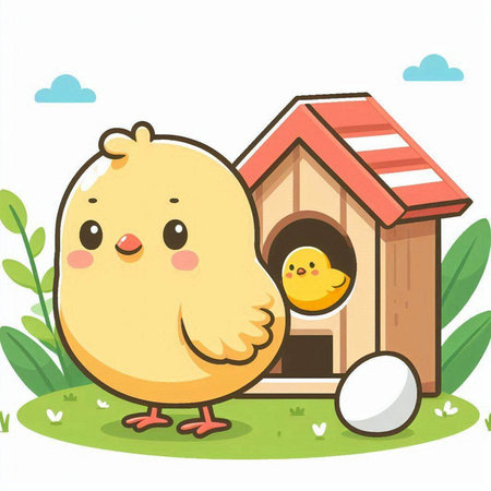 Illustration of a Cute Little Chick with a Chick in a Birdhouseのイラスト素材