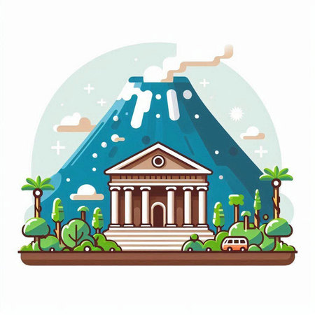 Ancient Greek temple on the background of the mountains. Vector illustration.のイラスト素材