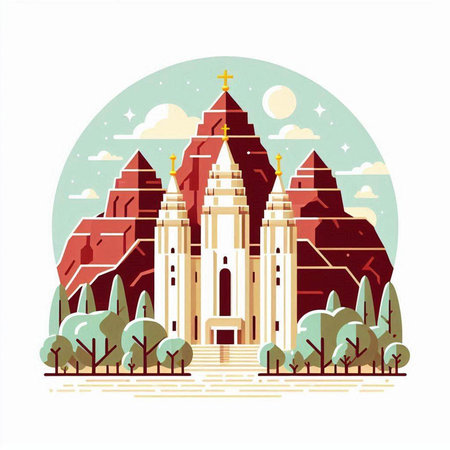 Orthodox church in the mountains. Vector illustration in flat style.のイラスト素材
