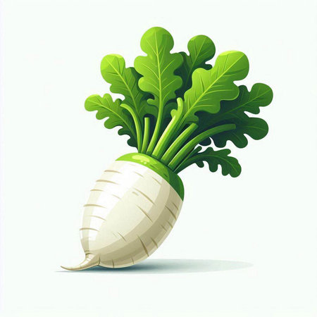 Illustration of a white radish with green leaves on a white backgroundのイラスト素材