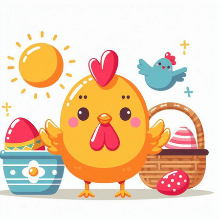 Cute Easter chicken with basket, eggs and birds. Vector illustration.のイラスト素材