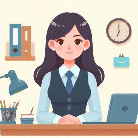 Illustration of a businesswoman working at her desk in the officeのイラスト素材
