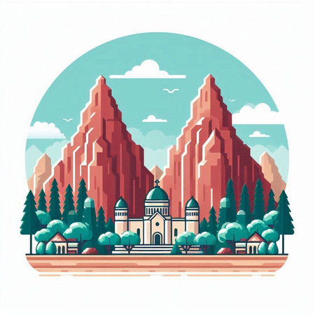 Landscape with church in the mountains. Flat style vector illustration.のイラスト素材
