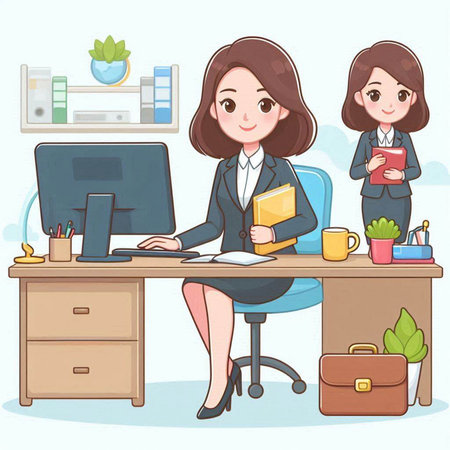 Businesswoman working in the office. Vector illustration of a cartoon character.のイラスト素材