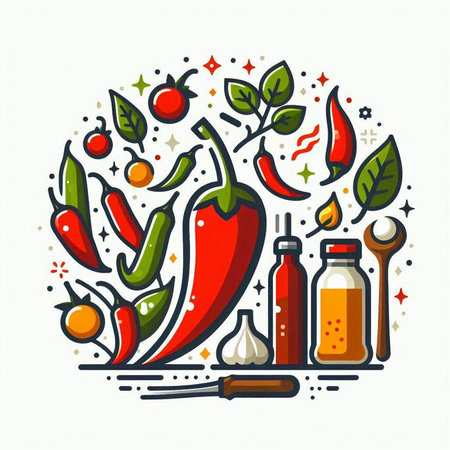 Chili pepper, tomato, garlic and olive oil. Vector illustrationのイラスト素材