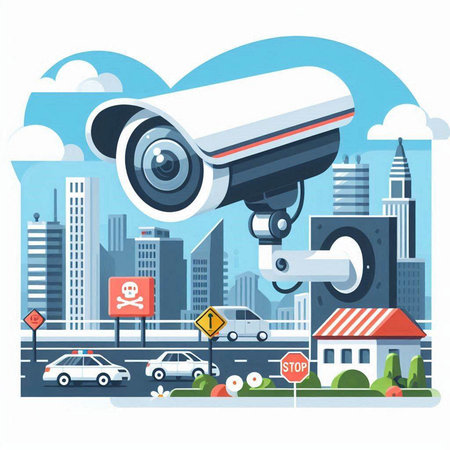 CCTV security camera on city background. Flat style vector illustration.のイラスト素材