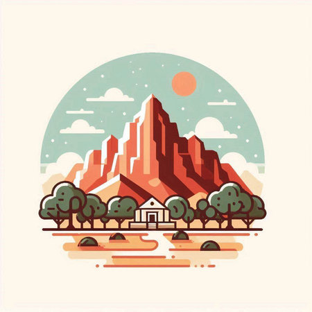 Buddhist temple in the mountains. Vector illustration in flat styleのイラスト素材