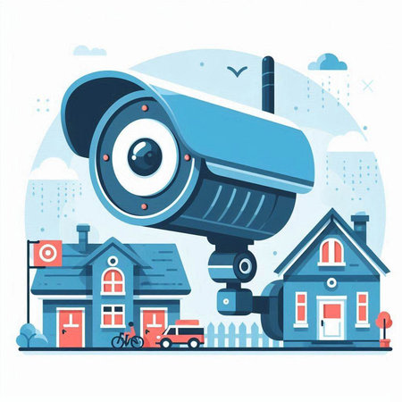 Vector illustration of security camera on the background of houses in the rain.のイラスト素材