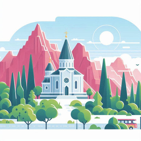Church in the mountains. Vector illustration in flat style. The concept of travel and tourism.のイラスト素材