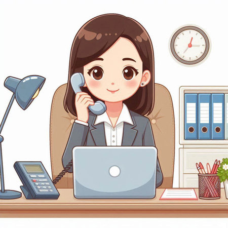 Business woman with laptop and phone in office. Vector illustration of cartoon character.のイラスト素材