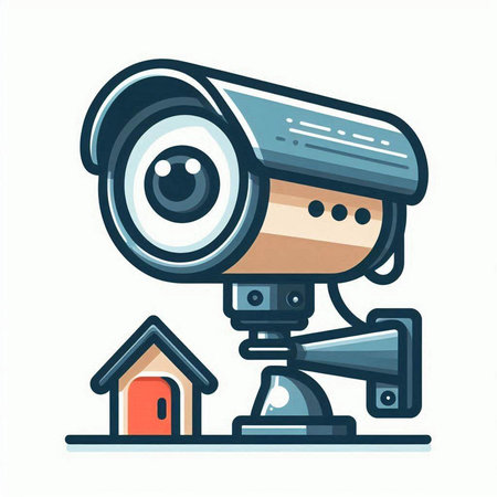 Vector illustration of a video surveillance camera with a house in the background.のイラスト素材
