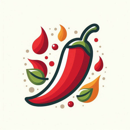 Chilli vector icon. Red hot chili pepper with drops and leaves.のイラスト素材