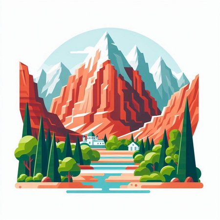 Mountains landscape. Vector illustration in flat style. Landscape with mountains and river.のイラスト素材