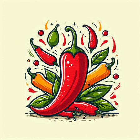 Red hot chili pepper with green leaves and red chilli peppers. Vector illustration.のイラスト素材