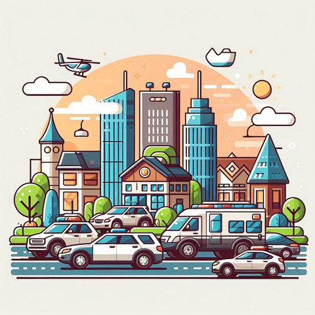 Cityscape with cars, houses, trees and airplanes. Vector illustration.のイラスト素材
